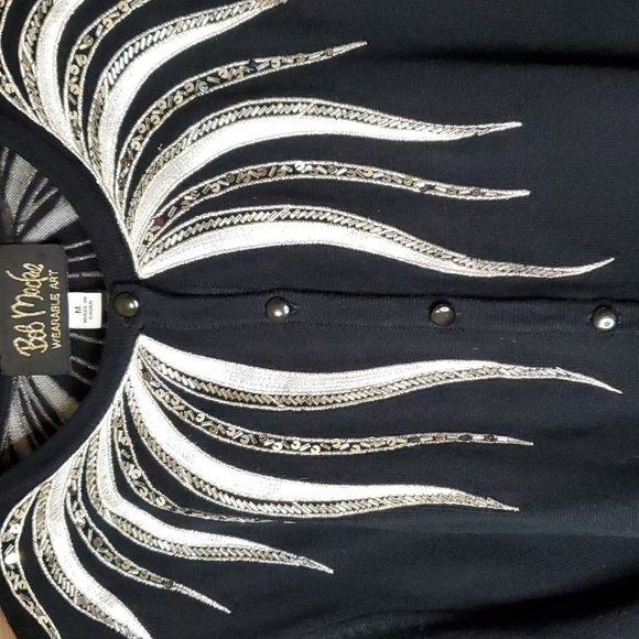 Bob Mackie wearable art black button front cardigan with silver white embellishm - Picture 6 of 7